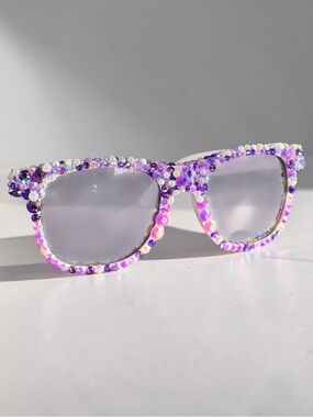Handmade Purple Bling Sunglasses White Frame Rhinestone Pearl Adult